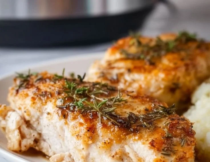 Slow cooker chicken breast served with vegetables on a plate