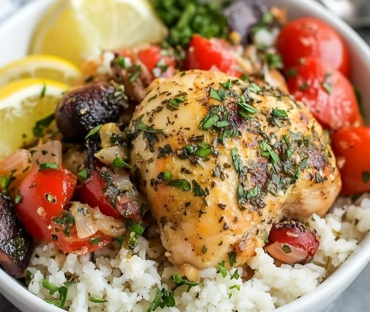 Slow Cooker Greek Chicken served with Mediterranean vegetables and herbs