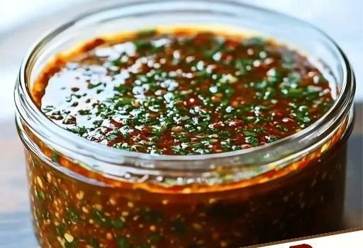 Bowl of smoky red chimichurri sauce with fresh herbs and spices