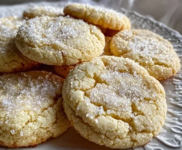 Soft and chewy sugar cookies with a sparkling sugar crust on a baking tray