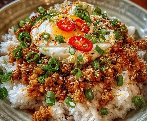 Spicy Bang Bang Turkey and Rice Bowls garnished with fresh vegetables