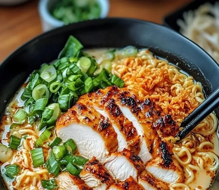 Bowl of Spicy Chicken Ramen topped with creamy garlic sauce and vegetables
