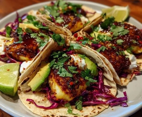 Spicy honey halloumi tacos served with fresh toppings