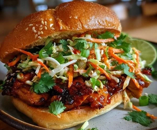 Spicy Korean BBQ Chicken Sandwich with crispy slaw and fresh ingredients