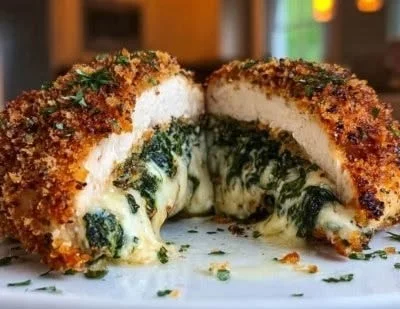 Spinach cream cheese stuffed chicken on a plate with herbs and spices