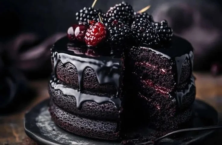 Spooky black velvet Halloween cake with eerie decorations and a dark frosting