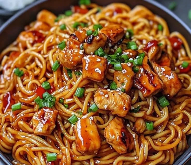 Delicious sticky garlic chicken noodles served in a bowl