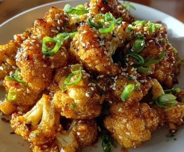 Sticky sesame cauliflower dish, gluten-free and vegan recipe.