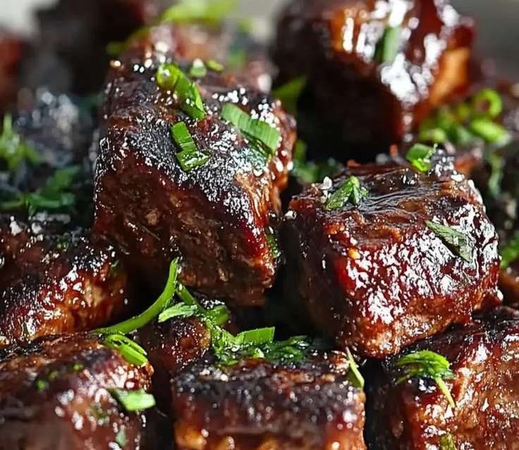 Delicious sticky-sweet steak bites served on a plate for dinner