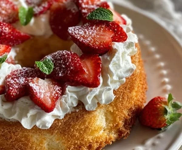 A slice of Strawberry Angel Food Cake topped with fresh strawberries
