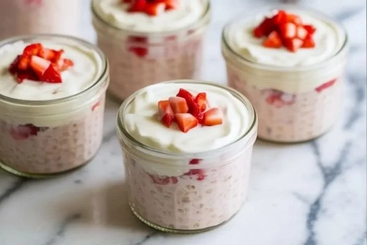 Bowl of Strawberry Cheesecake Overnight Oats topped with fresh strawberries