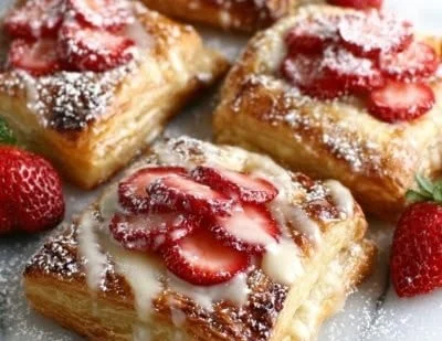 Freshly baked Strawberry Danish with cream cheese filling on a plate