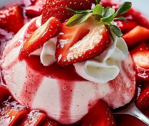 Delicious strawberry mousse topped with homemade strawberry sauce.