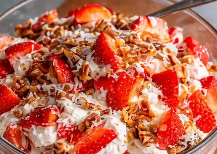 Delicious Strawberry Pretzel Salad with strawberries, pretzel crust, and cream cheese topping.