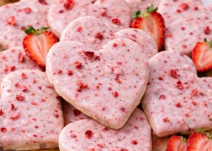 Freshly baked strawberry shortbread cookies on a plate