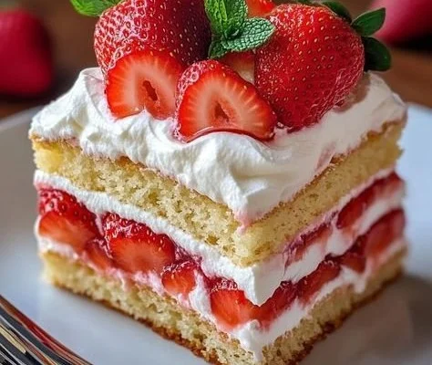 Delicious strawberry shortcake cake with fresh strawberries and whipped cream