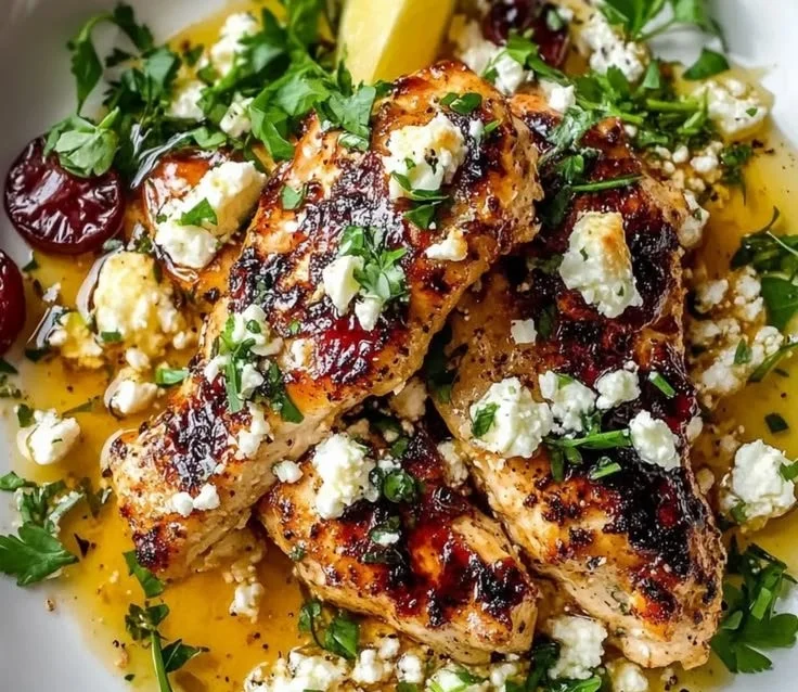 Dish of Sweet and Spicy Hot Honey Feta Chicken garnished with herbs