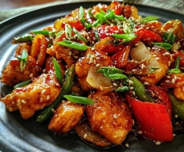 Plate of Sweet and Spicy Thai Chicken garnished with fresh herbs