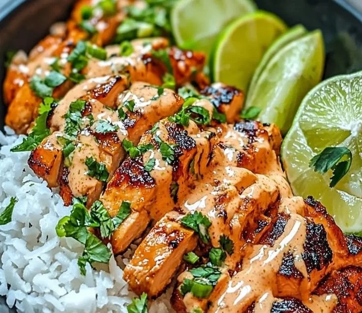 Sweet Chili Chicken Bowl with Coconut Lime Drizzle on a plate