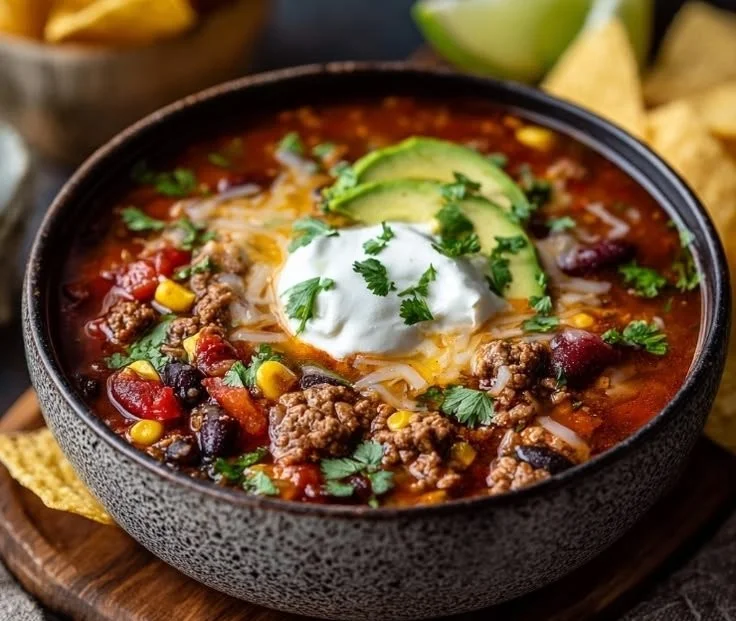 A bowl of steaming taco soup made in a pressure cooker, garnished with fresh toppings.