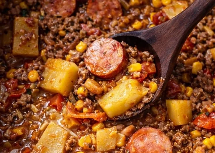 Bowl of Texas Cowboy Stew with meat and vegetables served hot