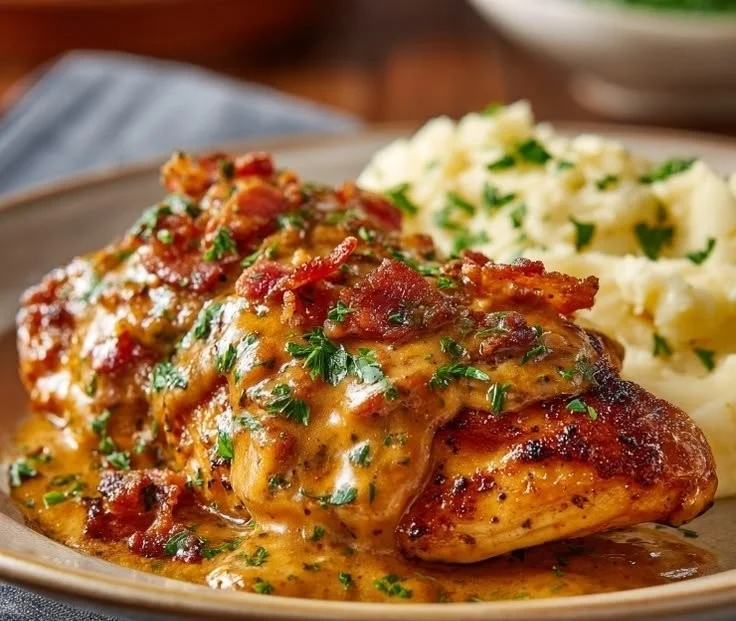 Pressure cooker Texas Roadhouse smothered chicken dish served on a plate.