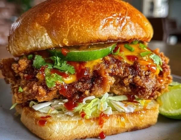 Delicious Thai fried chicken sandwich with fresh ingredients and vibrant flavors.