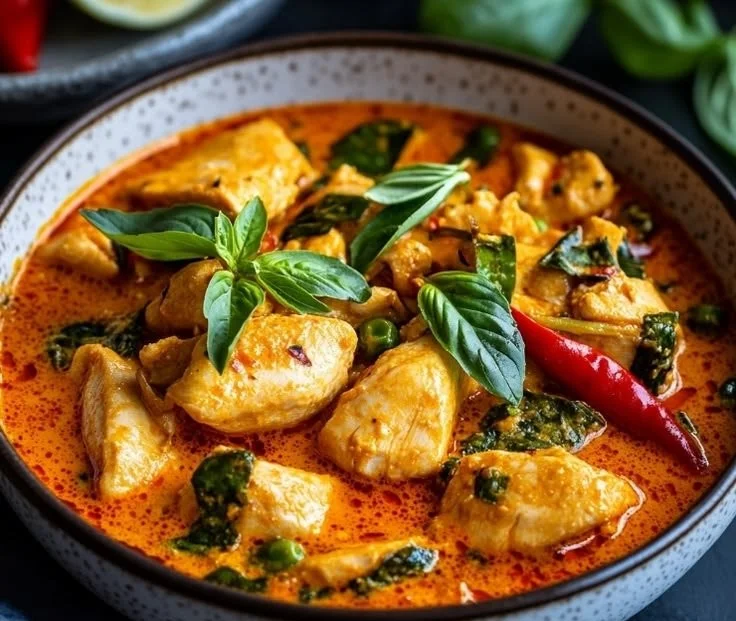 Bowl of Thai Red Curry with Chicken garnished with fresh herbs