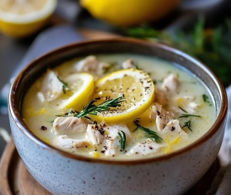 Bowl of authentic Avgolemono Soup with lemon and chicken, a Greek classic.