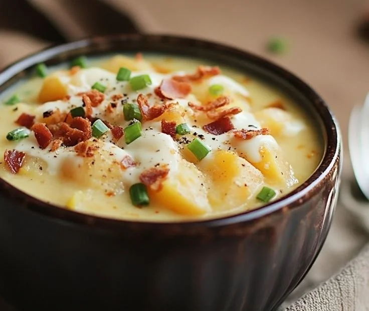 Bowl of creamy potato soup garnished with herbs and served with bread