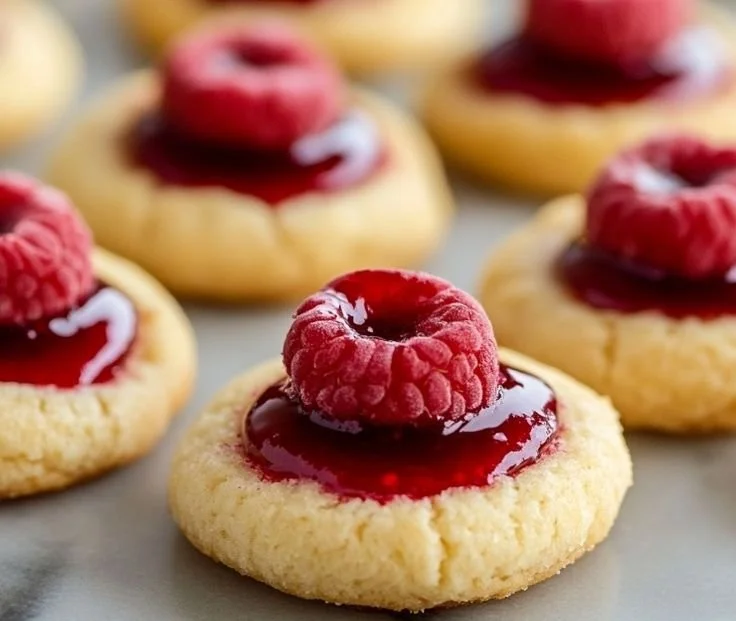 Plate of freshly baked thumbprint cookies with fruit jam filling