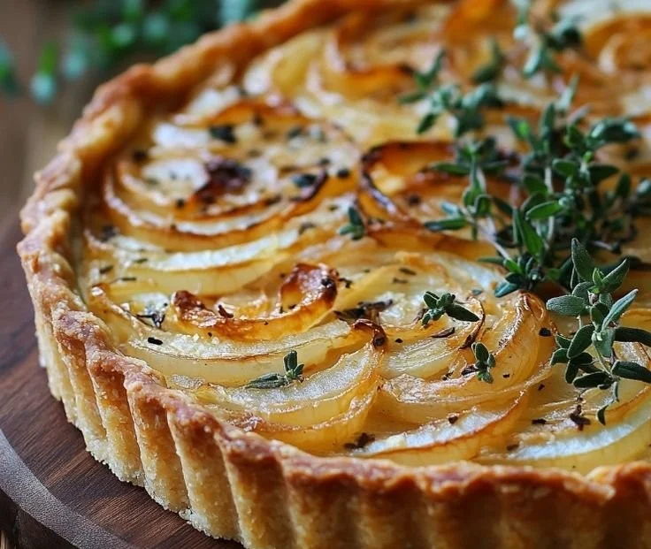 Tomato tart with caramelised onion and goat cheese, beautifully plated.