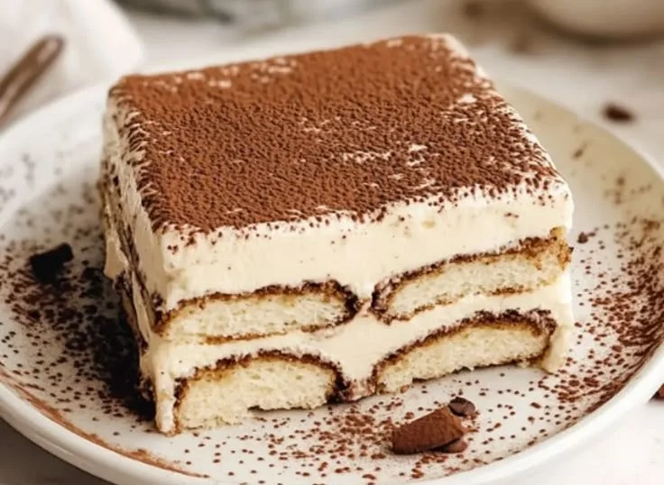 A delicious serving of traditional Italian tiramisu dessert with coffee and mascarpone.