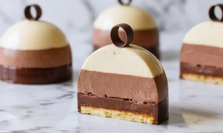 Triple Chocolate Mousse Domes with rich layers of chocolate in elegant presentation