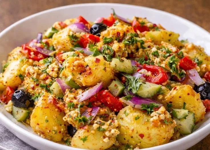 Bowl of Turkish-style potato salad garnished with herbs and spices