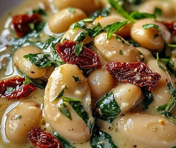 Tuscan butter beans served with spinach and sun-dried tomatoes on a plate