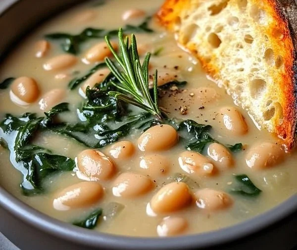 Bowl of Tuscan white bean soup garnished with fresh herbs and spices.