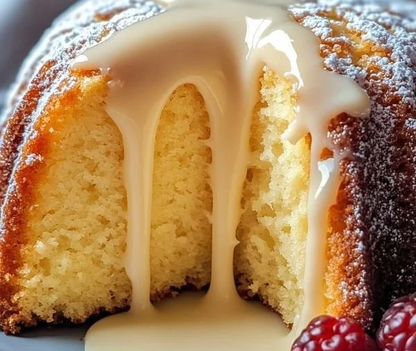 Vanilla Buttermilk Pound Cake topped with Cream Cheese Glaze on a plate