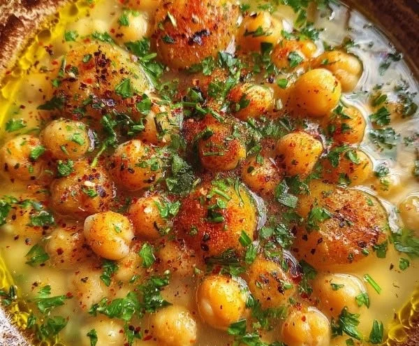 Bowl of Vegan Garlic Chickpea Soup garnished with herbs