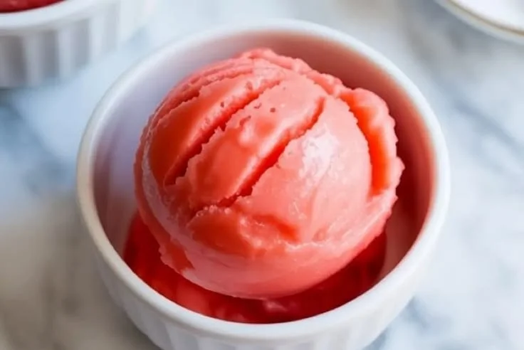 A bowl of refreshing watermelon sorbet garnished with mint leaves