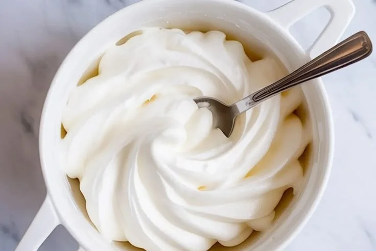 Delicious whipped cream frosting topping on a chocolate cake