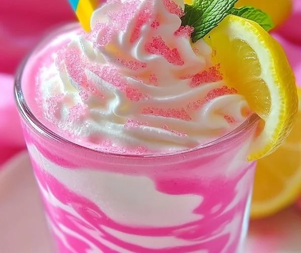 A refreshing glass of Whipped Pink Lemonade topped with whipped cream and fresh lemons.