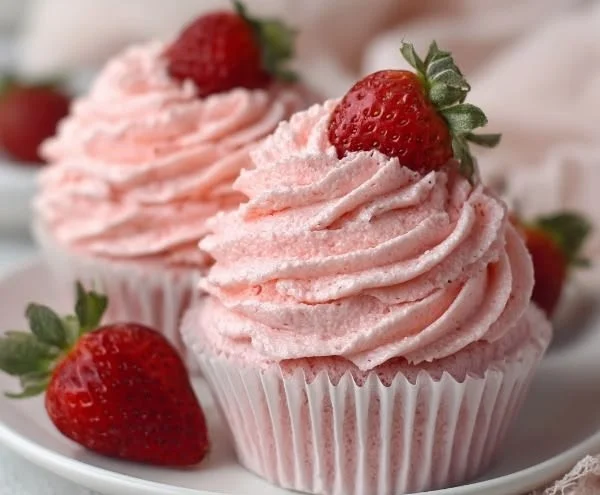 Frosted cupcakes with whipped strawberry buttercream frosting