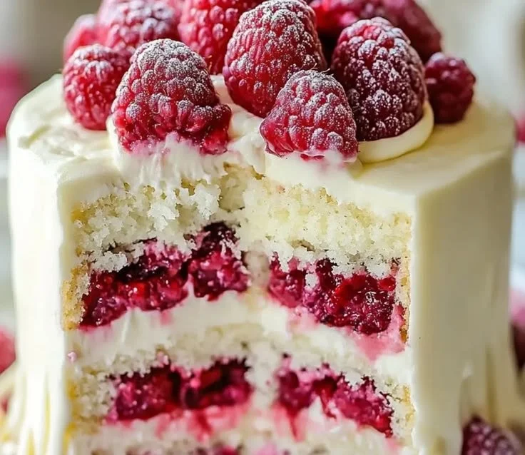Delicious White Chocolate Raspberry Dream Cake with fresh raspberries and chocolate drizzle