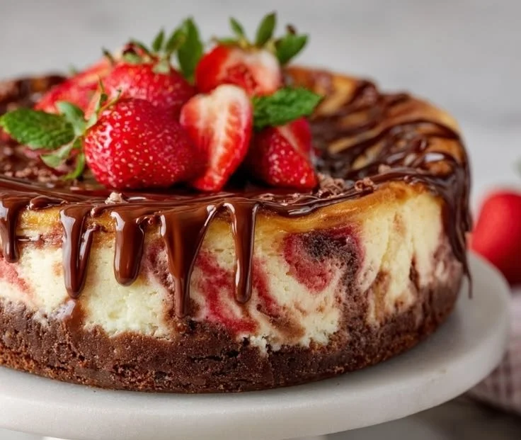 Delicious White Chocolate Strawberry Cheesecake made in a pressure cooker