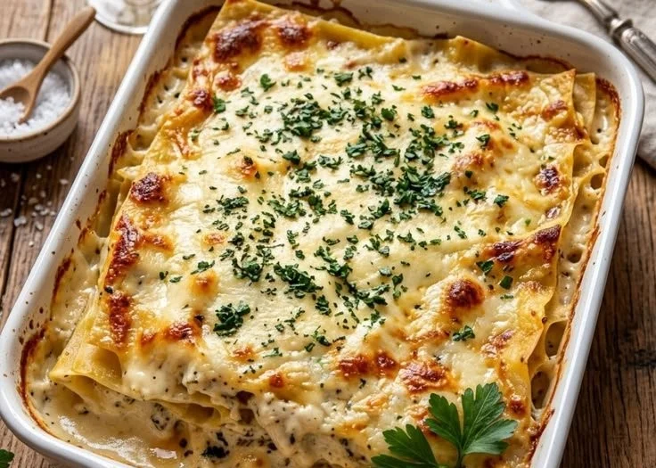 Delicious white lasagna with layers of cheese and sauce ready to serve.