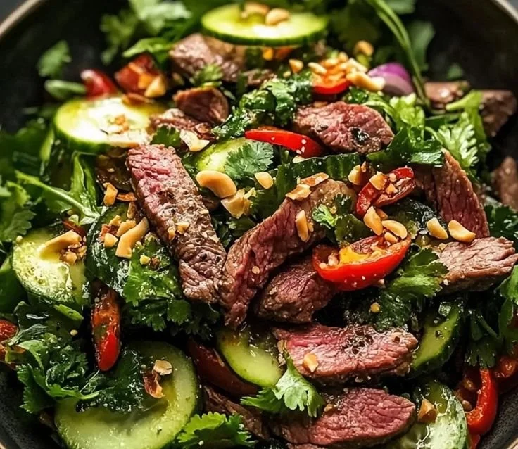 Zesty Thai beef salad with vibrant vegetables and dressing