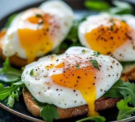 Delicious air fryer poached eggs served on toast with seasonings.