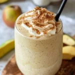 Delicious apple pie smoothie topped with cinnamon and apple slices