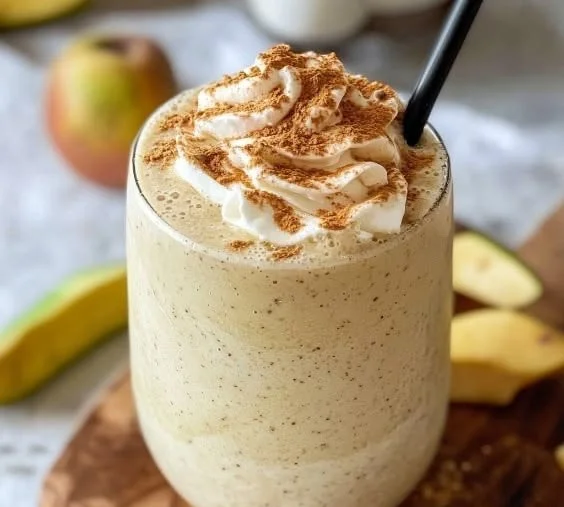 Delicious apple pie smoothie topped with cinnamon and apple slices